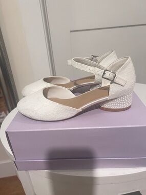 Copper Key White Lace Mary Jane Block Heel Kids Dress Shoes